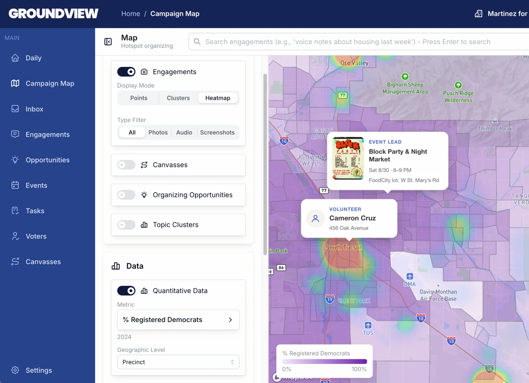 Interactive campaign map with engagement heatmap and overlays