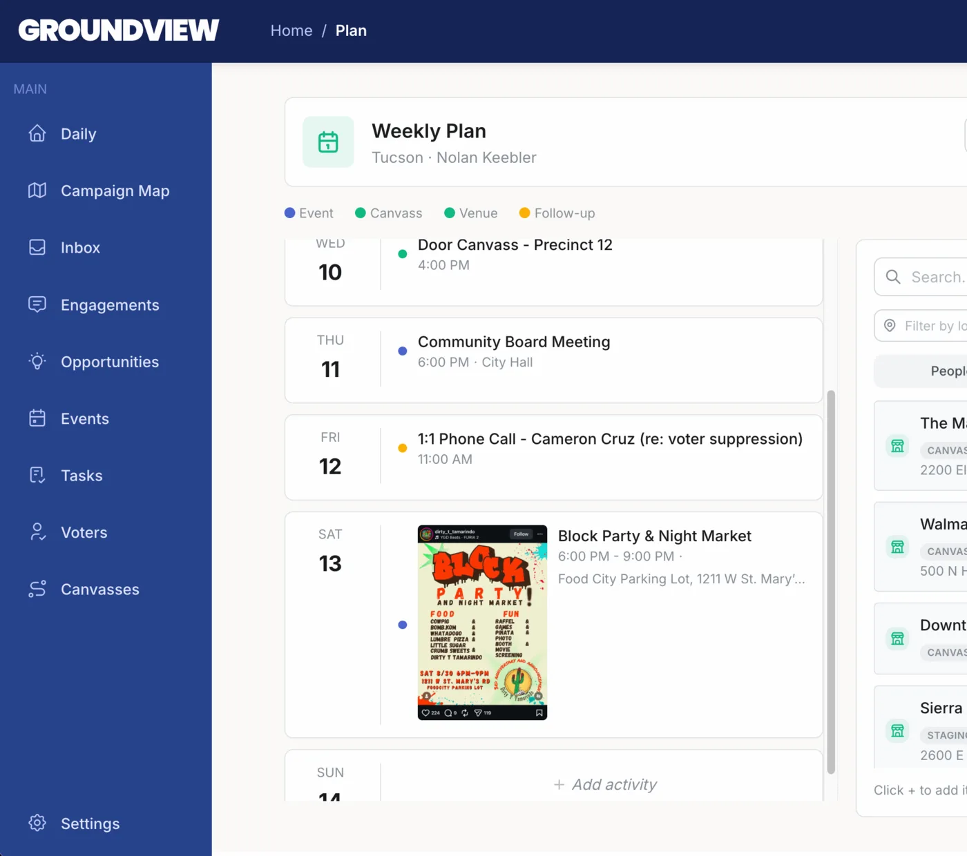 Weekly plan board with canvasses, events, and follow-ups